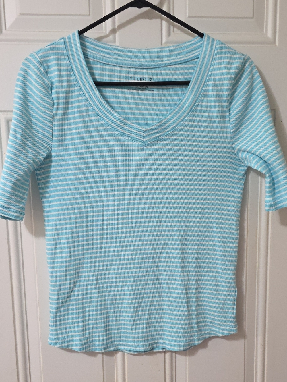 Talbots Aqua & White Striped V-Neck Short Sleeve Top